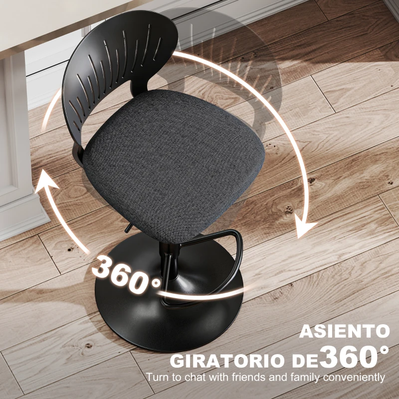 HOMCOM Juego de 2 Taburetes de Bar Giratorios en 360° Regulables en Altura de 84-105 cm Respaldo Hueco Reposapiés Negro