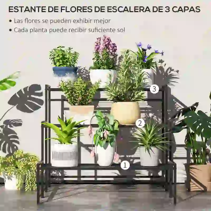 Outsunny Soporte para Plantas de Tres Niveles con Diseño en Escalera y Estructura Metálica Resistente para Interior y Exterior