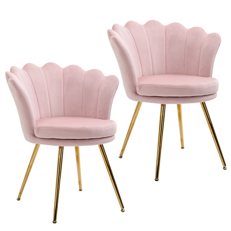 HOMCOM Lot de 2 fauteuil coquillage Fauteuil rose Fauteuil de salon Chaise en velours pieds métal dorés effilés dim. 67l x 64P x 77H cm rose