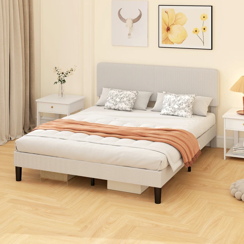 HOMCOM Somier 160x200 cm con Cabecero Ajustable Tapizado en Pana Láminas de Madera Fácil de Montar Gris Claro