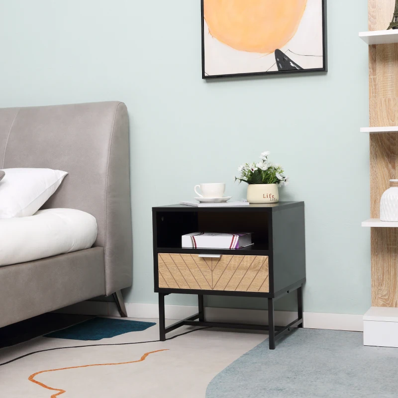 HOMCOM Table de chevet table de nuit style industriel tiroir niche piètement métal aspect bois de chêne sculpté à chevrons noir