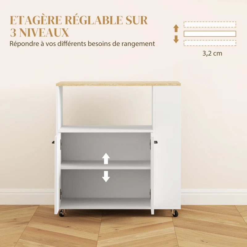 HOMCOM Desserte de cuisine à roulettes, Îlot central cuisine avec plan de travail et étagère réglable, 75x40x80,5cm, blanc
