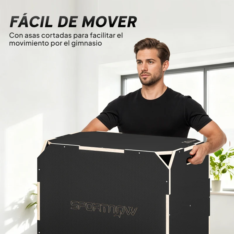 SPORTNOW Cajón Pliométrico de Madera 3 en 1 con 3 Alturas Diferentes Asas sin Esquinas Entrenamiento de Salto 76x61x51 cm Negro