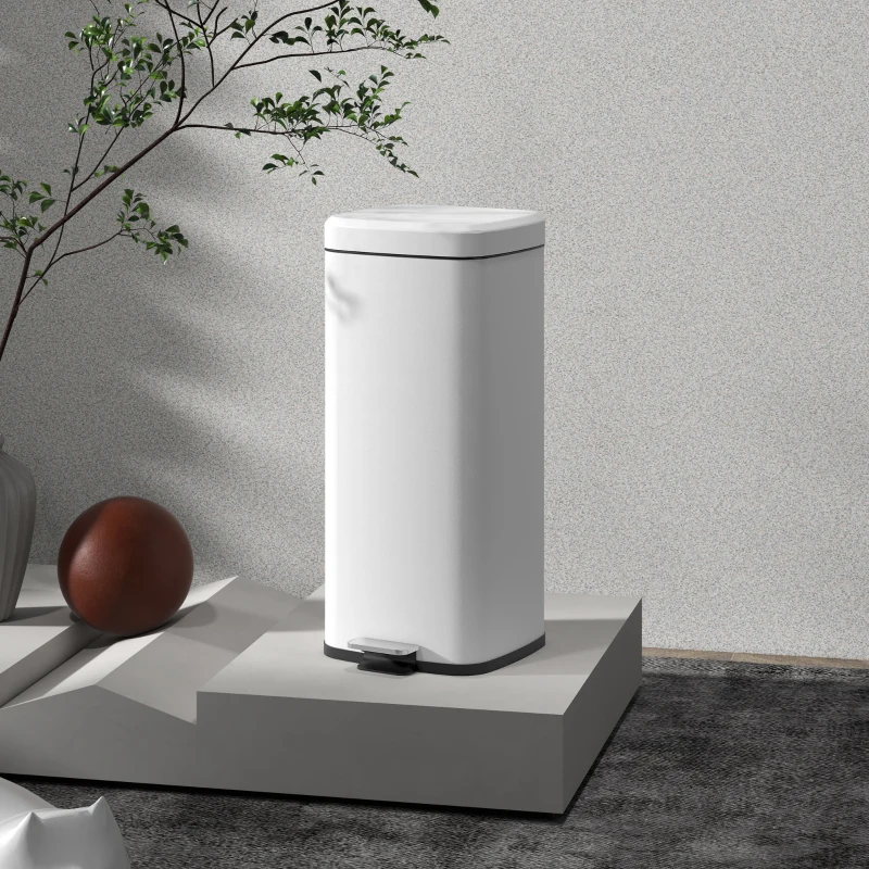 HOMCOM Poubelle de cuisine 30L avec couvercle à fermeture douce et pédale, seau intérieur amovible, 28L x 35l x 63,5H cm, blanc