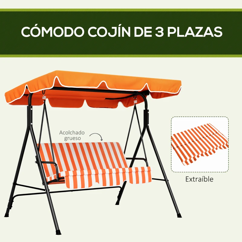Outsunny Balancín de Jardín Exterior Columpio de 3 Plazas con Toldo Ajustable y Marco de Acero 172x110x153 cm Naranja