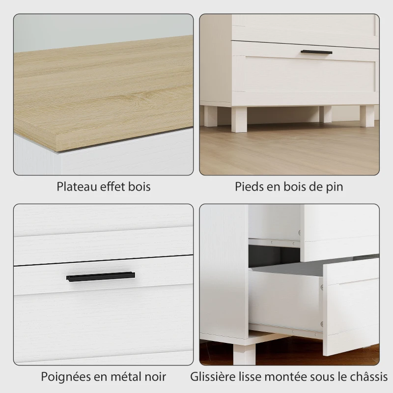 HOMCOM Commode 3 tiroirs meuble de rangement style moderne pieds en bois massif et plateau effet bois, 60 x 38 x 71 cm, blanc