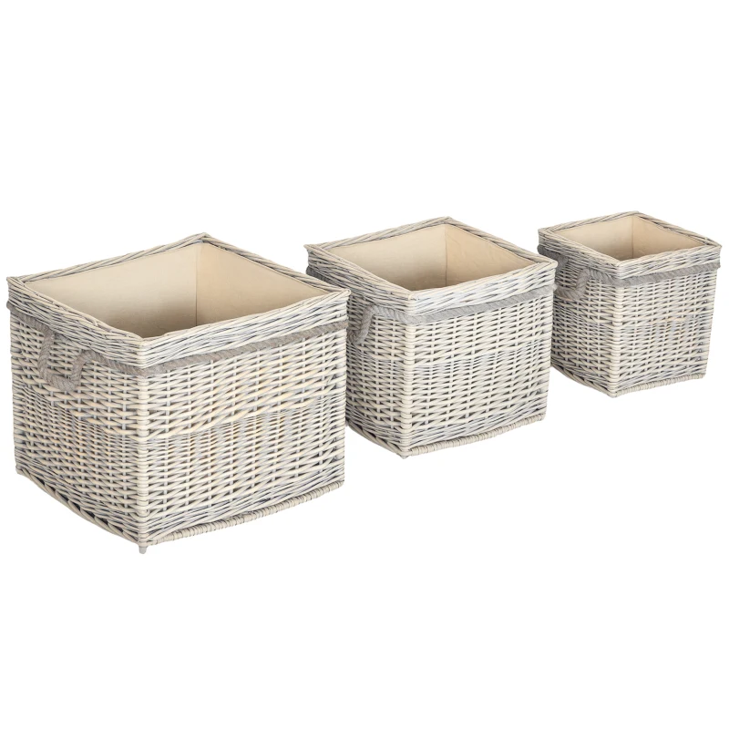 Outsunny Set of 3 Log Baskets for Wood Burner Indoor, Storage Basket with Lining and Rope Handles, Wicker Basket for Fireside Storage, Blankets, Beige