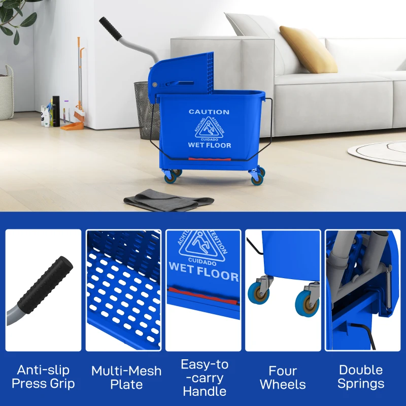 HOMCOM Cubo de Fregona con Ruedas 20 L Cubo de Fregar con Escurridor y Asa de Transporte para Doméstico y Comercial Azul