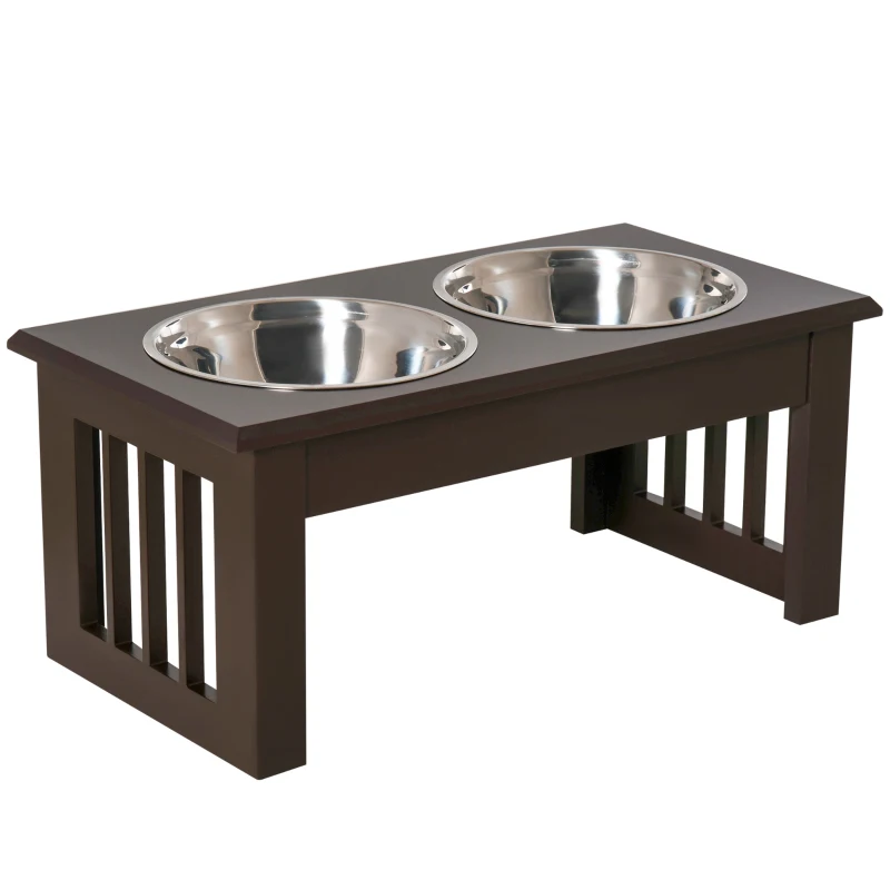 PawHut Raised Dog Feeding Bowls with Stand, Stainless Steel for Extra Small and Small Dog, 44L x 24W x 15H cm - Brown