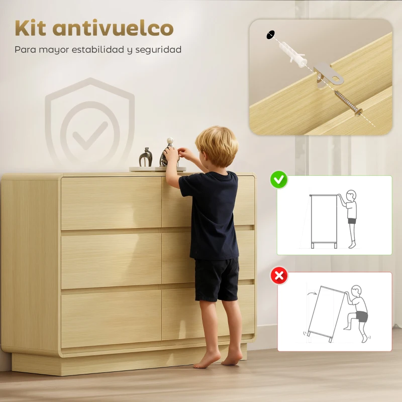 HOMCOM Aparador con 6 Cajones Bordes Redondeados para Salón Cocina Entrada Oficina 120x38x86 cm Natural