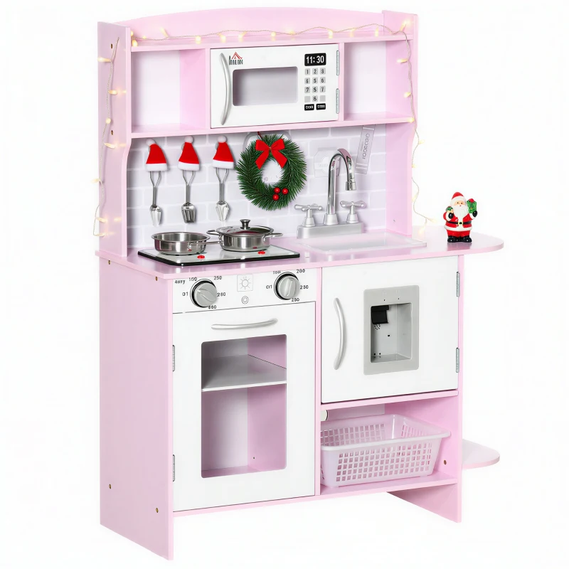 HOMCOM Kids Kitchen Playset, with Lights, Sounds, Microwave, Sink and Storage - Pink