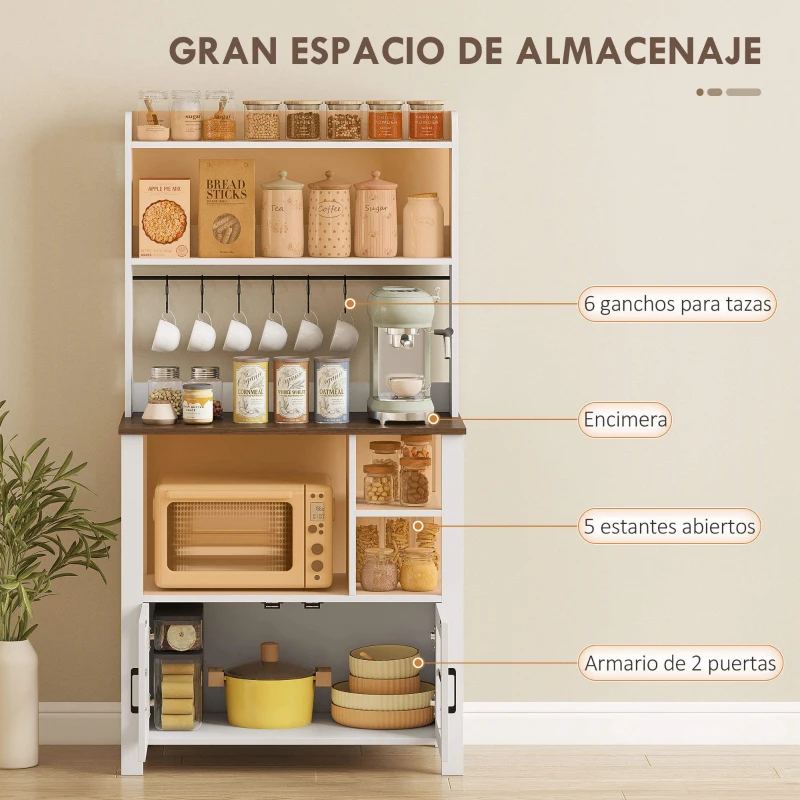 HOMCOM Alacena de Cocina con 6 Ganchos para Tazas 2 Puertas de Vidrio Estantes Abiertos 80x40x152 cm Blanco
