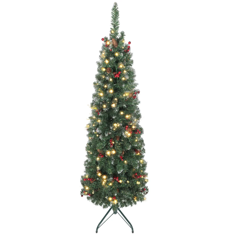 HOMCOM Albero di Natale Illuminato con 150 Luci LED, 30 Pigne e 30 Grappoli di Bacche, Ø60x150 cm, Verde e Argento