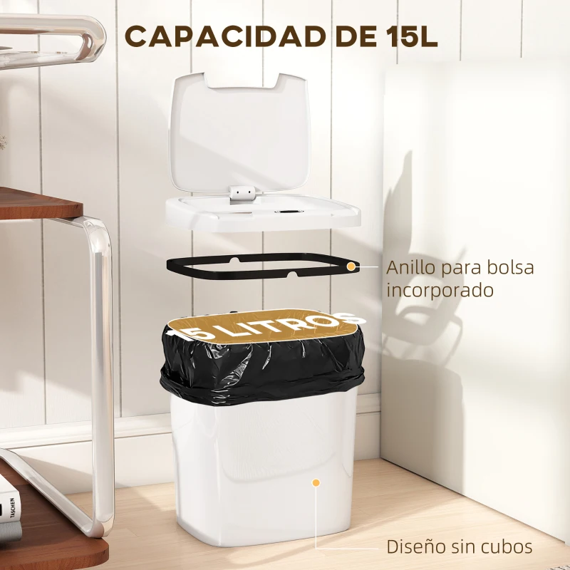 HOMCOM Cubo de Basura Cocina Automático 15 L con Sensor Infrarrojo y Modo Manual Anillo de Retención Antihuellas Blanco