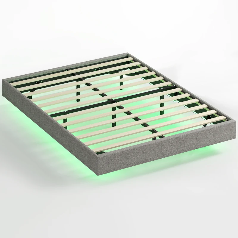 HOMCOM Somier 140x190 cm con Luces LED Estructura de Cama Tapizado en Lino Láminas de Madera Fácil de Montar Gris