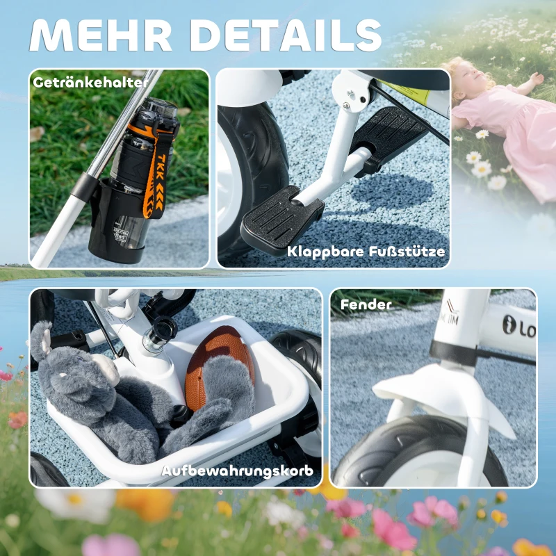 HOMCOM 6-in-1 Kinderdreirad mit Schiebestange, Dach, Gurt, Ablagekorb, für 1-5 Jahre, Weiß