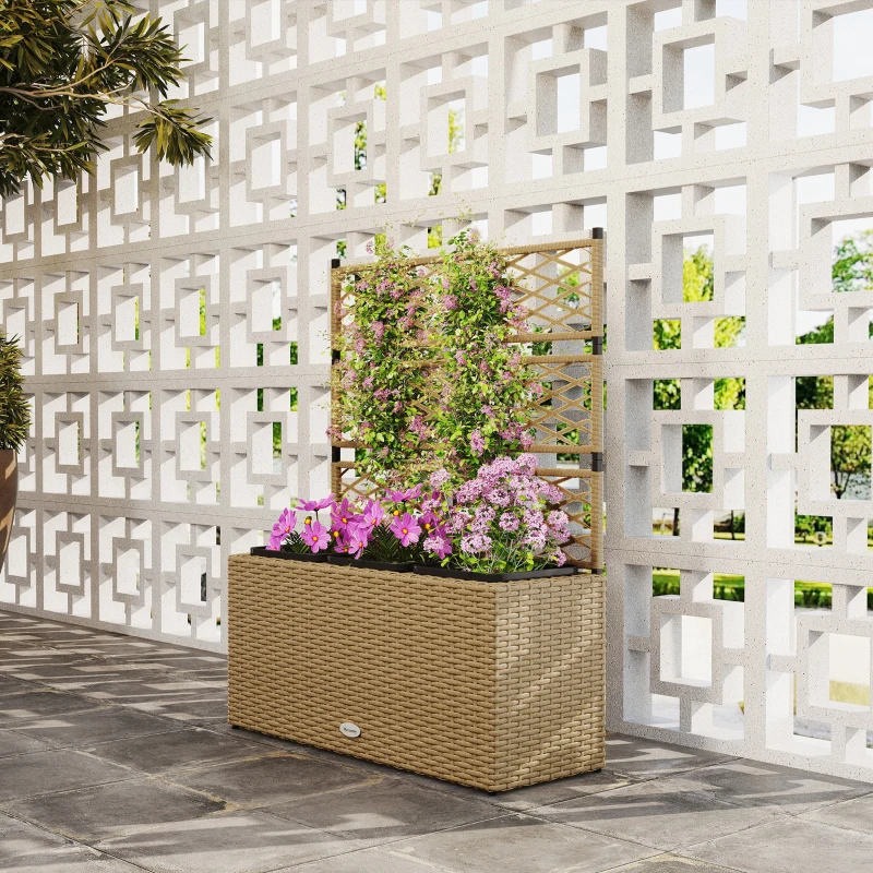 Outsunny Jardinière pour plantes avec treillis 3 pots bacs à plante 33L extérieur en résine tressée 84 x 30 x 107 cm sable noir