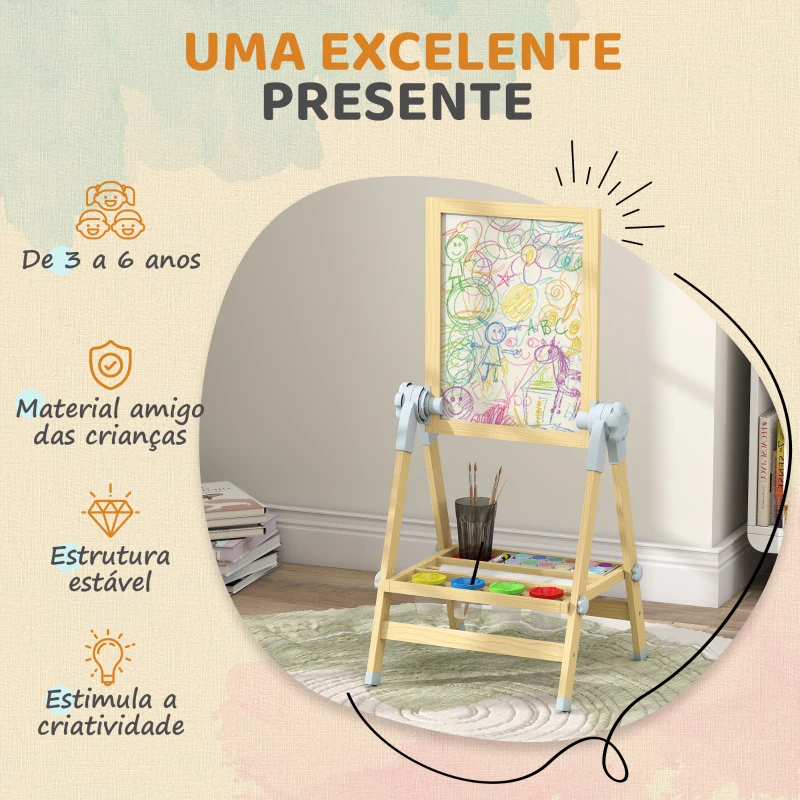 AIYAPLAY Cavalete Infantil com Altura e Ângulo Ajustáveis Dupla Face Quadro Branco Magnético e de Giz  48,5x46,5x70-97 cm Madeira