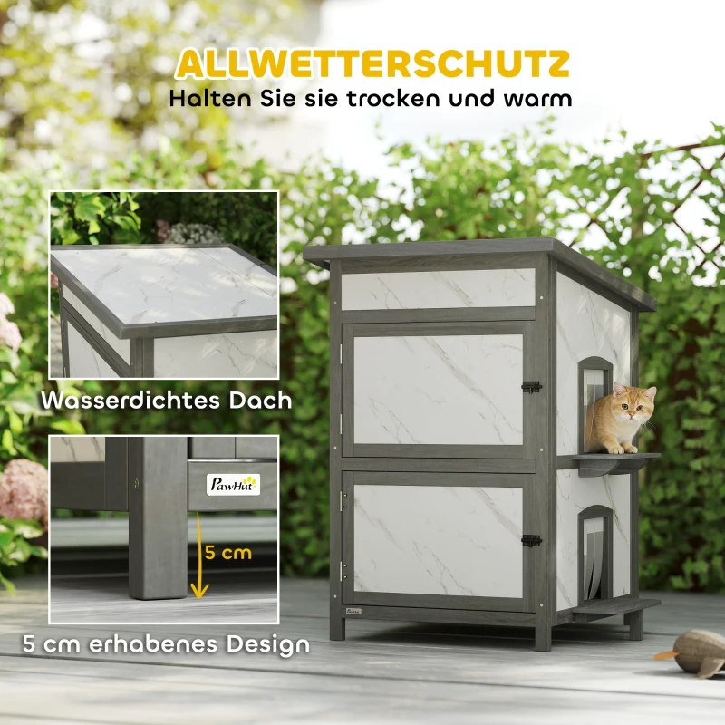 PawHut Outdoor-Katzenhaus, Holzhaus für Katzen, mehrere Eingänge, Fenster, Wasserfest, 60 x 60 x 88 cm, Weiß
