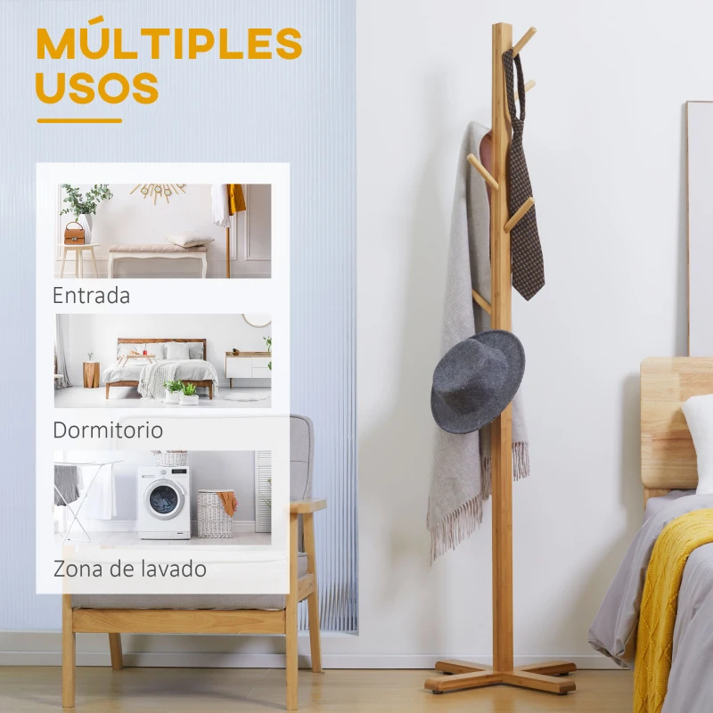 HOMCOM Perchero de Pie de Bambú, Perchero para Ropa con 8 Ganchos, Forma de Árbol, 49,5x49,5x178 cm, Natural