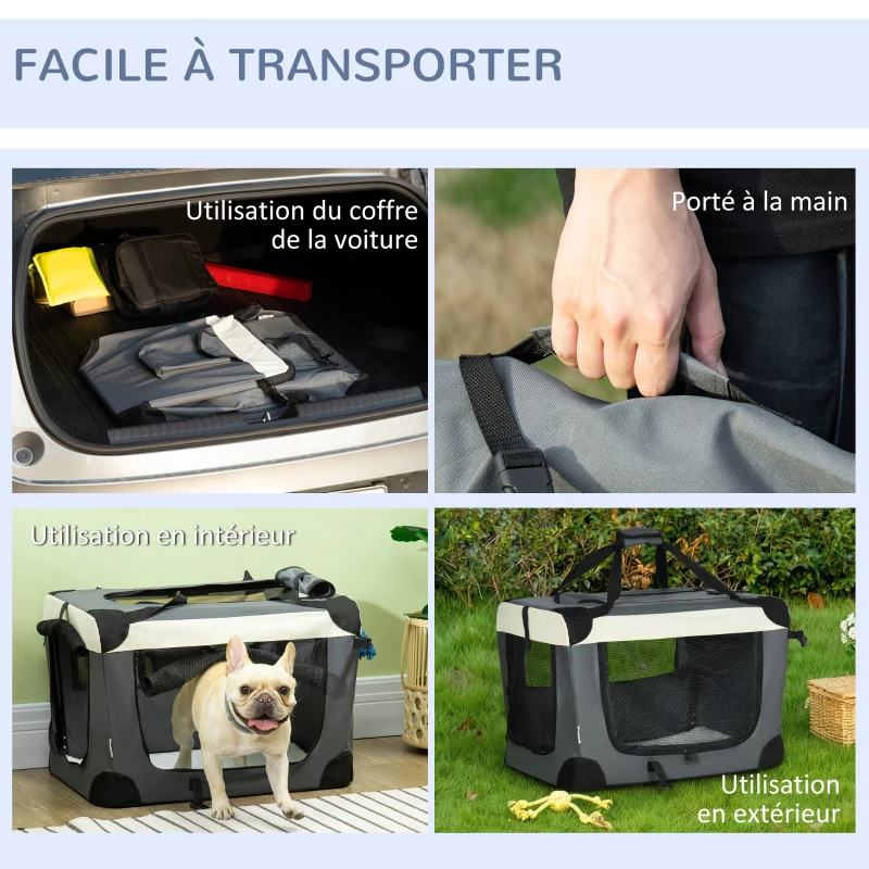 PawHut Sac de transport pliable - poignée, 3 entrées zippées, poche - coussin amovible - acier oxford polyester gris noir