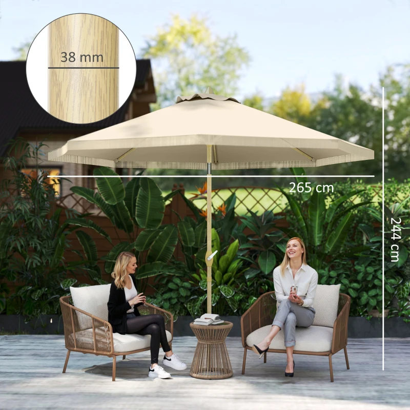 Outsunny Sombrilla de Jardín Ø265x244 cm con Manivela Manual Ángulo Ajustable y Flecos de Estilo Boho para Terraza Piscina Crema