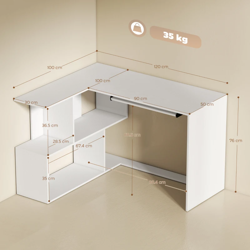 HOMCOM Scrivania Angolare Moderna con Ripiano Scorrevole per Tastiera e Scaffale a 4 Ripiani, Bianco