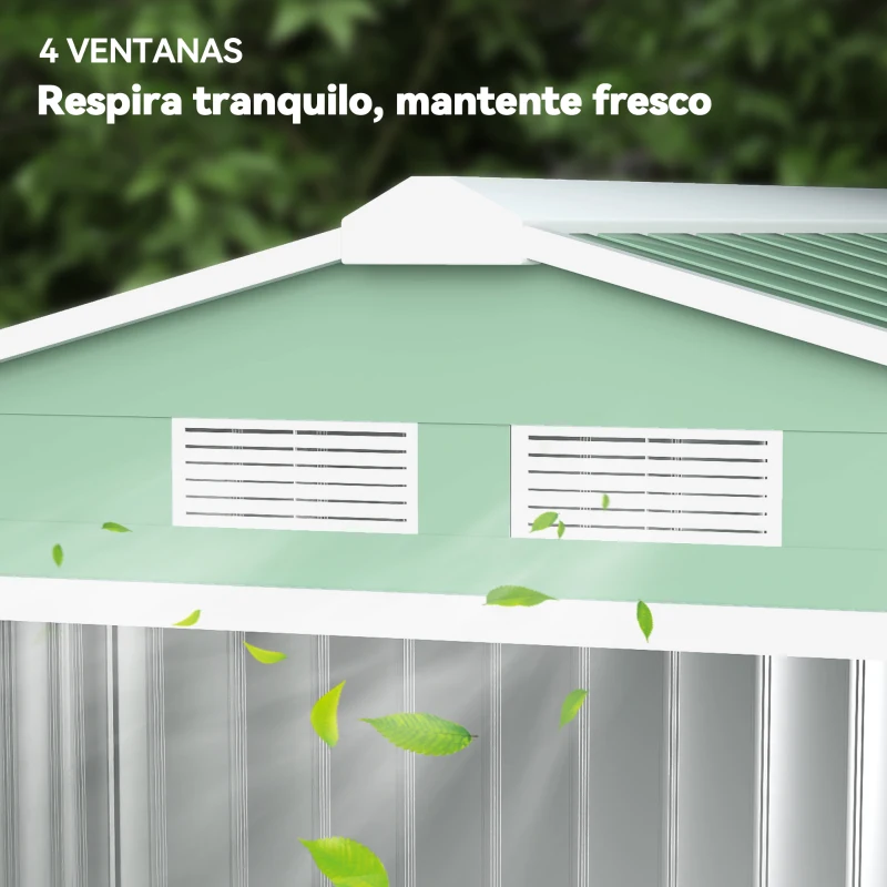 Outsunny Caseta de Jardín 213x130x185 cm Cobertizo de Exterior Metálico para Almacenamiento de Herramientas Verde Claro