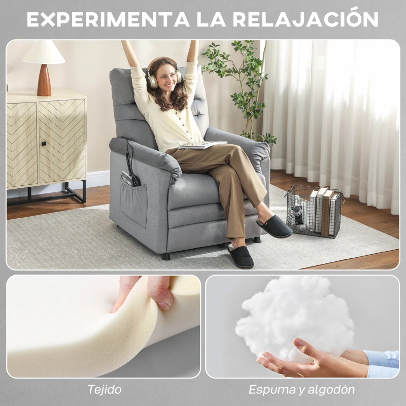 HOMCOM Sillón Relax Reclinable Eléctrico con Calor Lumbar Masaje Vibración Motor Silencioso Función de Memoria Gris