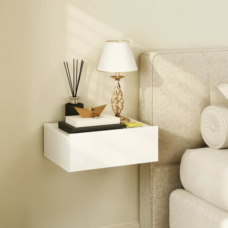 HOMCOM Conjunto de 2 Mesas de Cabeceira com 1 Gaveta Desenho Montado na Parede Estilo Moderno para Dormitório 40x30x15 cm Branco