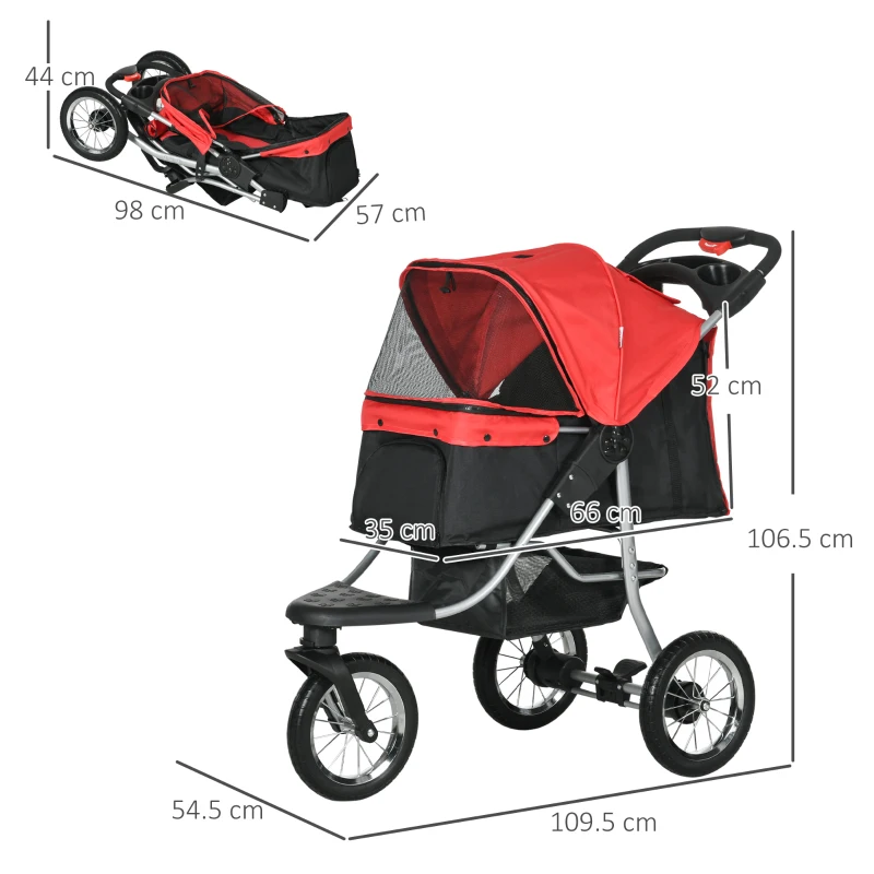 PawHut One-click Folding Pet Stroller Dog/Cat Travel Carriage with Adjustable Canopy, Cupholder, Storage Basket, Red