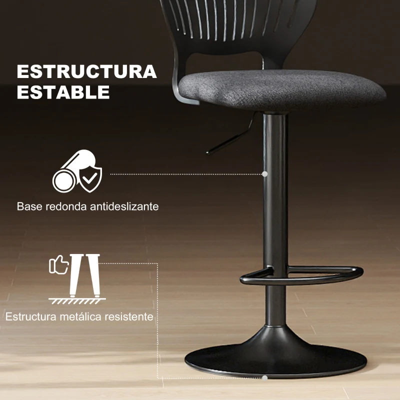 HOMCOM Juego de 2 Taburetes de Bar Giratorios en 360° Regulables en Altura de 84-105 cm Respaldo Hueco Reposapiés Negro