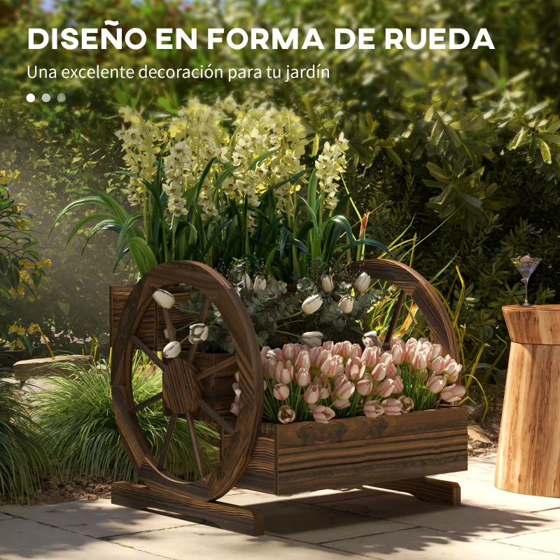 Outsunny Jardinera de Madera Macetero Exterior de 3 Niveles Diseño de Escalera Orificios de Drenaje 61x62x57 cm Carbonizado