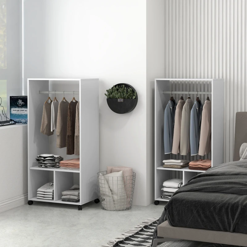 HOMCOM Lot de 2 portants à vêtements penderie mobile avec roulettes 2 niches + Grand Espace penderie en bois Blanc