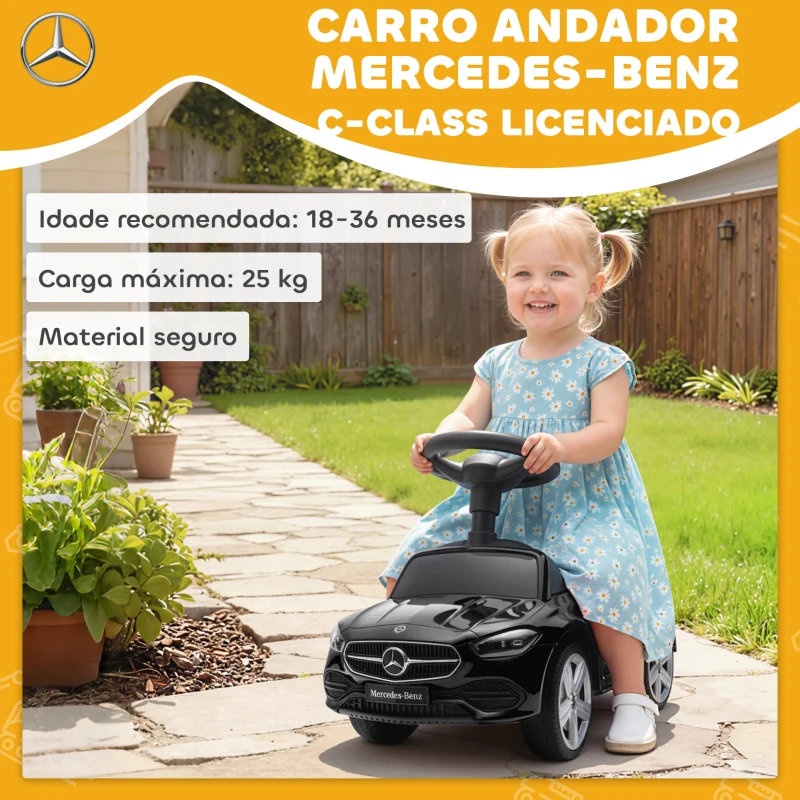AIYAPLAY Carro Andador para Crianças Mercedes-Benz Classe C com Buzina Volante Sons de Motor e Espaço de Armazenamento 65x28x39 cm Preto