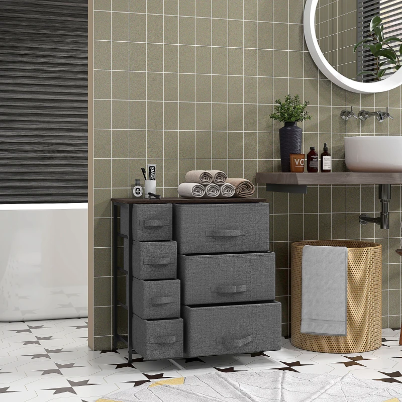 HOMCOM Commode 7 tiroirs en tissu, chiffonnier, meuble de rangement moderne, cadre en acier, commode chambre, salon, entrée, 63,5 x 30 x 71 cm, gris foncé