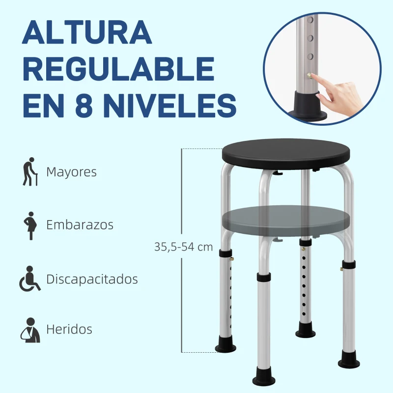 HOMCOM Taburete de Ducha de Aluminio con Altura Regulable Antideslizante Carga 135 kg para Ancianos y Discapacitados