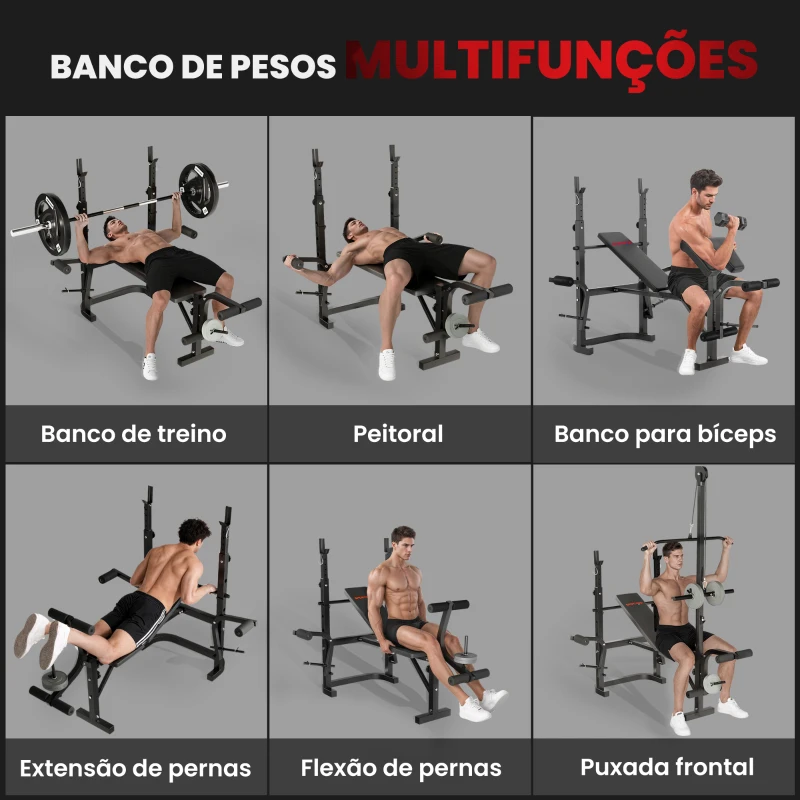 SPORTNOW Banco de Musculação Multifuncional Inclinável Banco de Pesos com Suporte para Barra Ajustável Extensão de Pernas  106x155x202 cm Preto