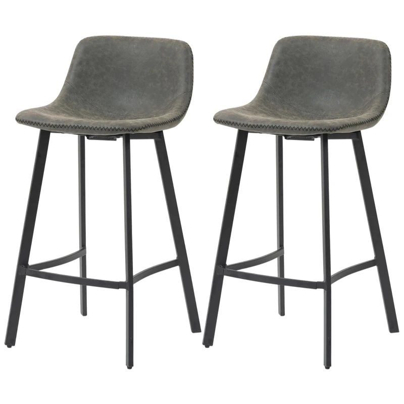 HOMCOM Bar Stools Set of 2, PU Leather Dining Stools with Backrest, Footrest, for Kitchen, Counter, Breakfast Bar, Grey