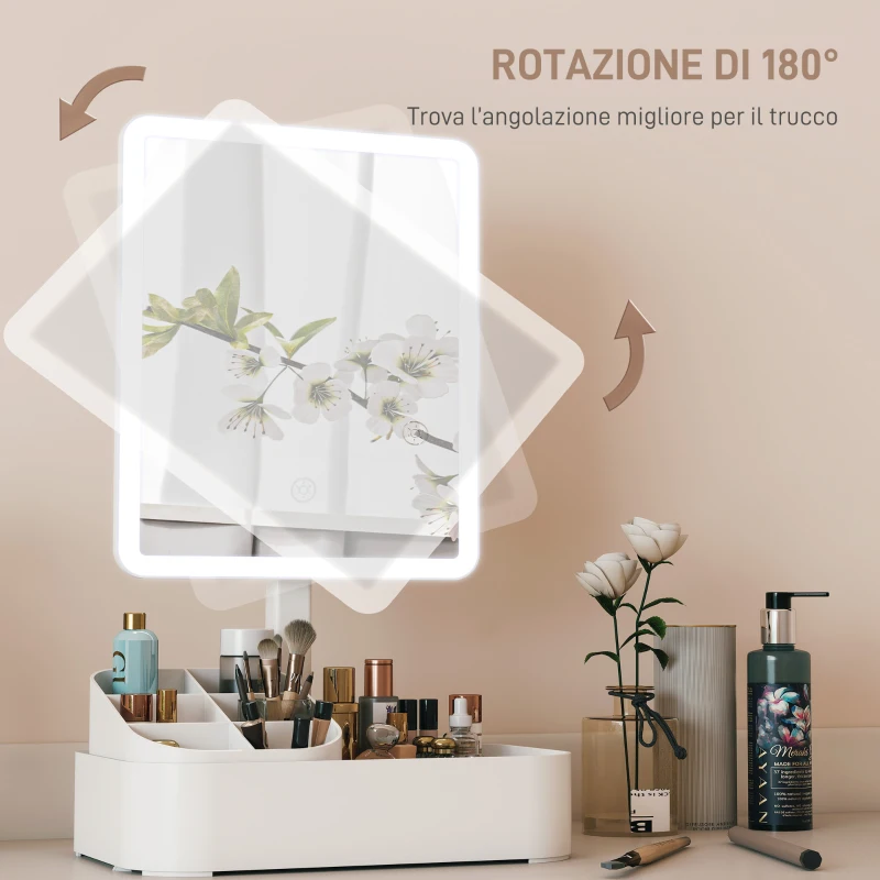 HOMCOM Specchio da Trucco con Luce Regolabile su 2 Livelli, Rotazione 180° e Organizer per Trucchi, Bianco