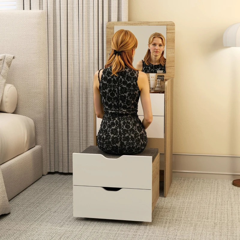 HOMCOM Tocador de Maquillaje 3 en 1 con Taburete Oculto y Espejo Abatible Mesa de Maquillaje de Vidrio Visible Roble y Blanco
