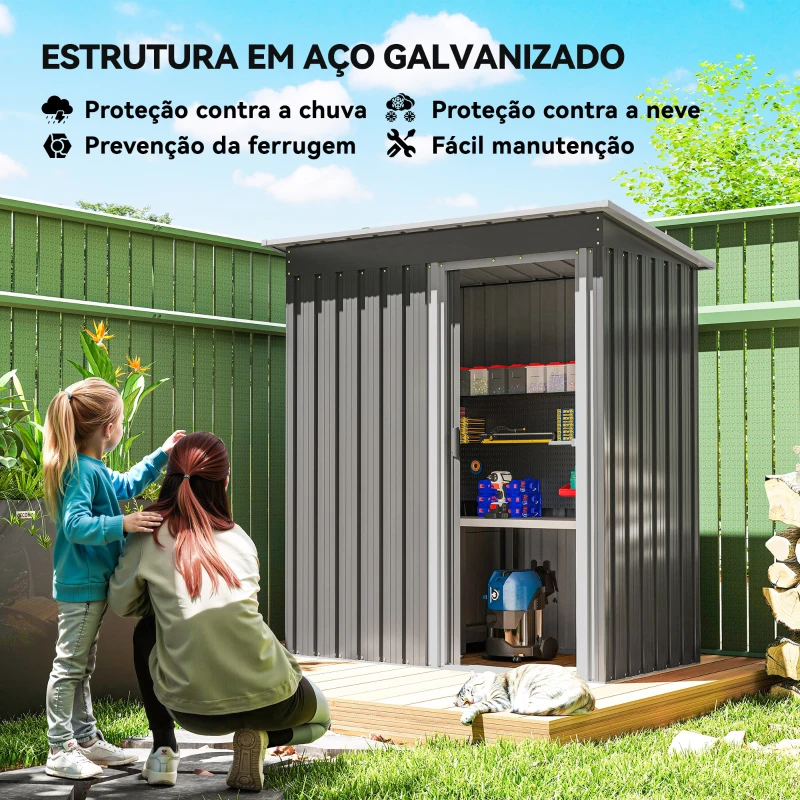 Outsunny Abrigo de Jardim Exterior 163x89x182 cm Abrigo Metálico para Ferramentas com Porta de Correr e Teto Inclinado Cinzento