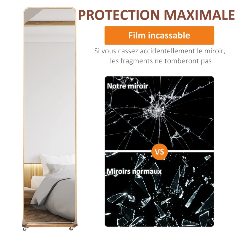 HOMCOM Miroir sur Pied avec roulettes - Portant, 4 patères étagère MDF Aspect Noyer