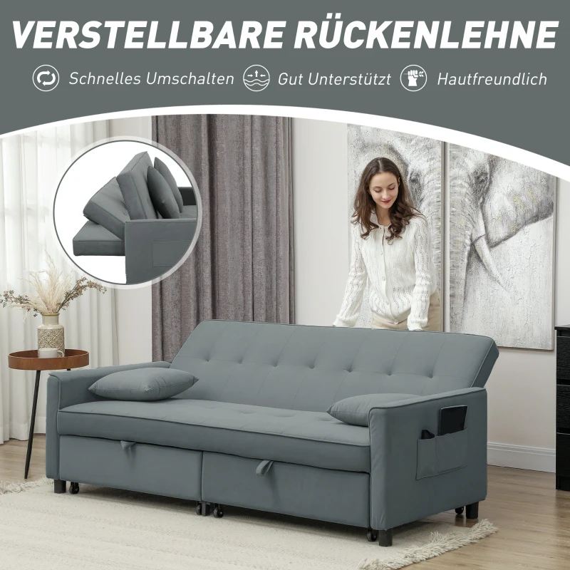 HOMCOM Sofa rozkładana 3-w-1, 3-osobowa kanapa 196x90 cm z funkcją spania, regulowane oparcie, narożnik z poduszkami, styl welur, do salonu, sypialni, szary