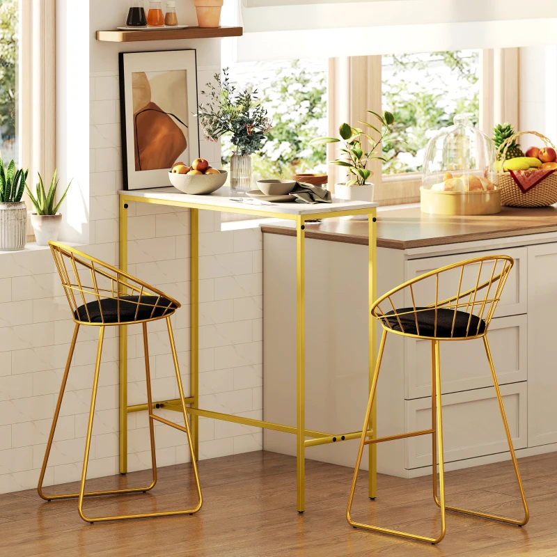 HOMCOM Ensemble table de bar avec tabourets table à manger debout avec 2 chaises pieds en acier 100 x 40 x 107 cm doré