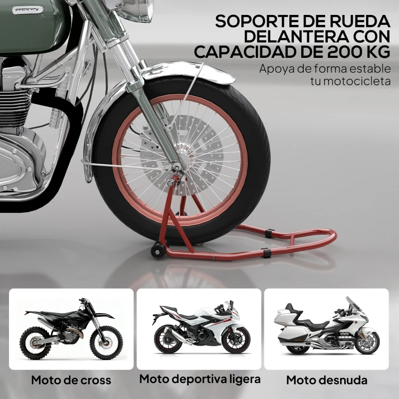 HOMCOM Caballete Moto Soporte Delantero Universal de Acero con Horquillas en U y L para Rueda 10" 17" 18" Carga 200 kg Rojo