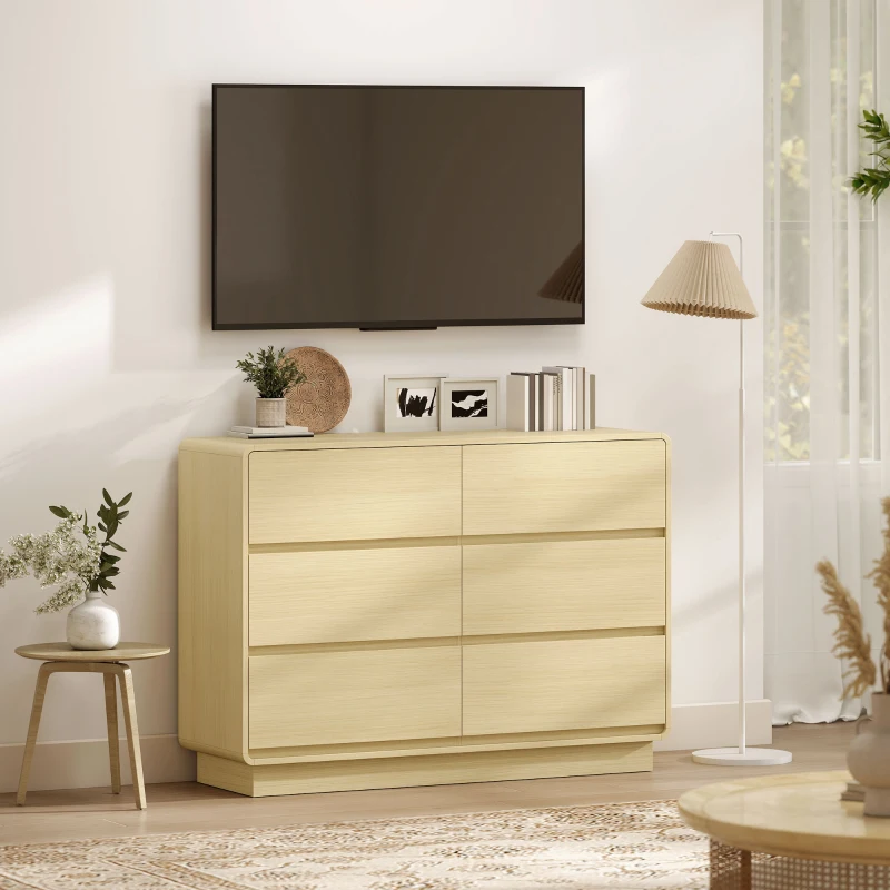 HOMCOM Aparador con 6 Cajones Bordes Redondeados para Salón Cocina Entrada Oficina 120x38x86 cm Natural