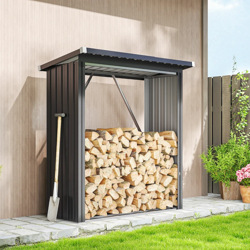Outsunny Abri-bûches couvert support pour bois de chauffage plancher surélevé toit incliné, acier galvanisé 150x66,5x150cm gris