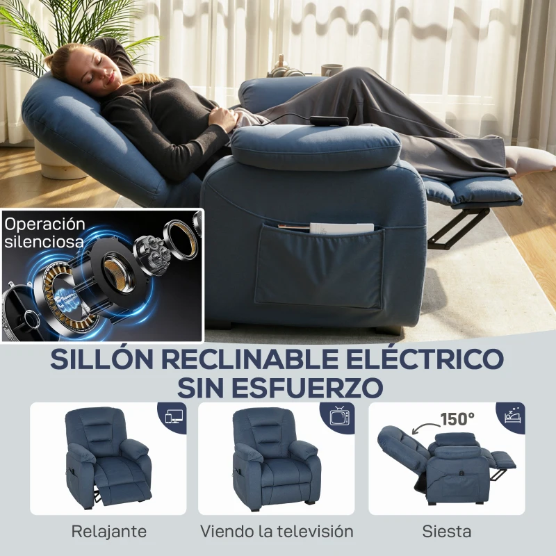 HOMCOM Sillón Relax Reclinable Eléctrico Silencioso con Función Memoria Reposapiés Mando a Distancia Bolsillos Laterales Azul