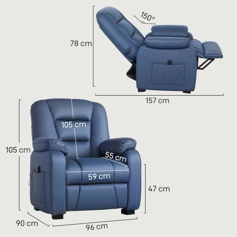 HOMCOM Sillón Relax Reclinable Eléctrico Silencioso con Función Memoria Reposapiés Mando a Distancia Bolsillos Laterales Azul